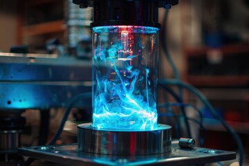 Fototapete - A glowing energy beam surges through advanced machinery, showcasing cutting-edge technology in a laboratory setting during the evening
