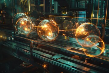 Fototapete - A glowing energy beam surges through advanced machinery, showcasing cutting-edge technology in a laboratory setting during the evening