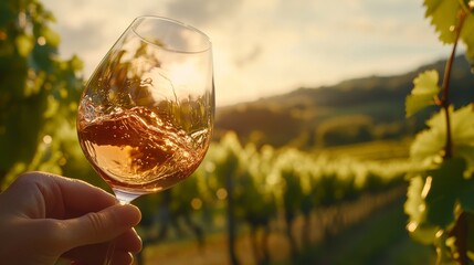 A hand elegantly holds a glass of rose wine, capturing the golden sunset reflecting off the liquid while surrounded by vibrant grapevines on a tranquil evening