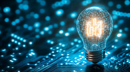 glowing light bulb with a circuit board inside, symbolizing the fusion of technology and innovation. The vibrant light highlights the integration of electronics in modern ideas