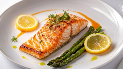 Sticker - A beautifully prepared grilled salmon fillet garnished with dill, accompanied by tender asparagus and fresh lemon slices, creating an appetizing presentation