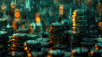 Wall Mural - Pile of coins on a green background. The coins are stacked on top of each other. Business concept.