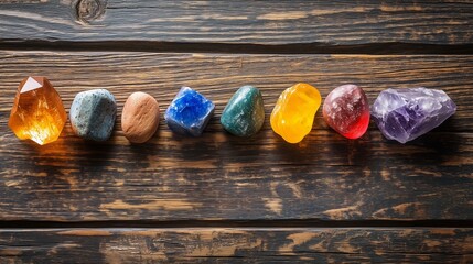 A vibrant collection of various gemstones arranged on a rustic wooden surface showcasing their unique colors and shapes