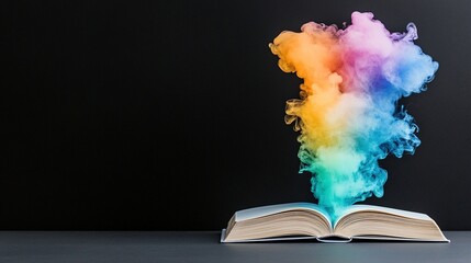 Vibrant magical book of magic with colorful smoke rising from it, symbolizing the powerful and magical essence of fantasy stories, with space for text.