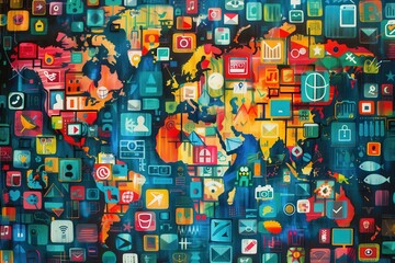 Leinwandbilder - A colorful world map made of digital icons representing technology, connectivity, and global communication methods amid a vibrant backdrop