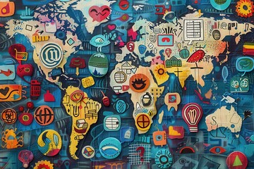 Leinwandbilder - A colorful world map made of digital icons representing technology, connectivity, and global communication methods amid a vibrant backdrop