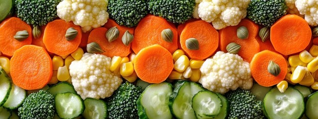 colorful fresh vegetables, corn, cucumber slices, pumpkin seeds, carrot slices, cauliflower, food photography, top view, vibrant colors, healthy eating, pattern, flat lay
