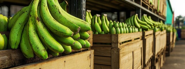 fresh green bananas, wooden crate, rustic market, vibrant colors, sunlight, tropical setting, organic produce, detailed focus, blurred background, lively street market scene
