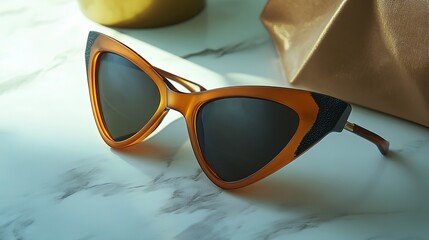 A fashionable pair of retro cat-eye sunglasses with bold, angular frames and dark tinted lenses. The design should feature dramatic upswept corners and a vintage-inspired aesthetic. Place the sunglass