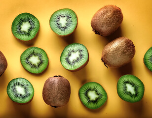 overhead view of fresh ripe juicy kiwi fruit. halves food summer background. healthy food