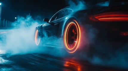 Wall Mural - Disc brakes on racing cars reaching high temperatures emitting smoke on a racetrack at night