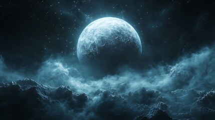 Canvas Print - A large, blue moon hangs in the night sky above a layer of fluffy clouds.