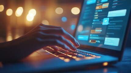 Wall Mural - A person engages in coding on a laptop, illuminated by the soft glow of the screen and keyboard, set in a comfortably lit environment during the evening hours