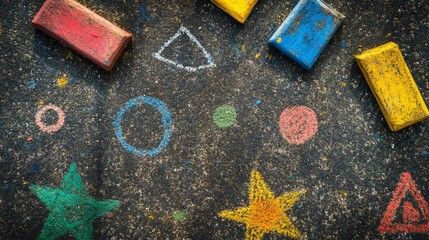 Brightly colored chalk marks in various shapes adorn a dark pavement, showcasing creativity and playful activity in a sunny outdoor setting