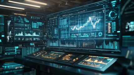 An engaging and detailed scene of a market-based financial system in action, showcasing a digital interface with comprehensive market analytics, financial news feeds, and trading strategies. Include v