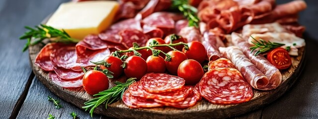 Wall Mural - charcuterie board with slices of cured meats, variety of cheeses, cherry tomatoes, fresh herbs, close-up shot, vibrant colors, rustic wooden table, soft focused background with greenery, natural light