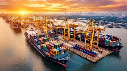 workers, industrial port, with ships, cranes, and containers