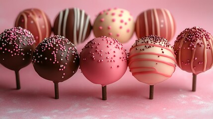 Wall Mural - A close-up shot of various colorful cake pops with sprinkles and chocolate drizzled on them.