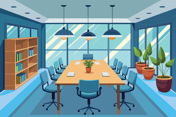 Fototapete - A modern conference room with large windows, light blue furniture, and plants, designed for meetings in a professional workspace during the daytime