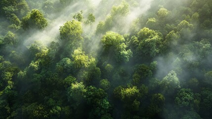 Sunlight breaks through a lush forest canopy, illuminating vibrant trees while soft mist lingers above the foliage, showcasing nature's beauty at dawn