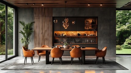 Wall Mural - Modern dining room with large windows, wooden table, leather chairs, and a view of a green garden.