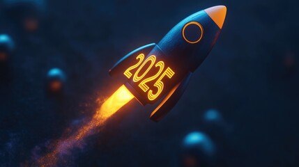 Rocket Launching with 2025 Numerals - Futuristic Space and Technology Concept