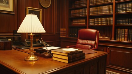 attorney's cherry wood desk in a law office, warmly lit by a table lamp