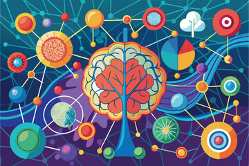 Poster - A colorful illustration depicting a large brain interconnected with various symbols representing technology, science, and data analysis against a vibrant background of interconnected nodes