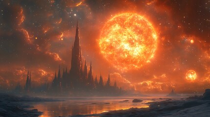 Wall Mural - A futuristic city with a large, red sun in the sky and a frozen lake in the foreground.