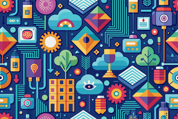 Poster - Colorful geometric patterns with vibrant shapes and designs on a dark background showcasing a dynamic visual experience