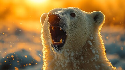 Wall Mural - polar bear with open mouth roaring at the sunset.