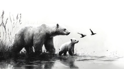 Wall Mural - A mother polar bear and her cub stand by a lake, watching birds fly overhead. The image is rendered in black and white, creating a sense of peace and tranquility.