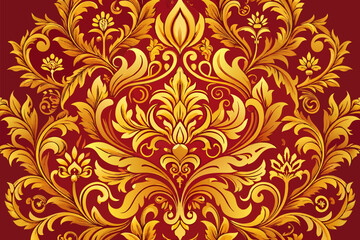 Poster - Intricate golden floral pattern on a rich red background created using ornate design techniques, perfect for textiles, wallpapers, and elegant decor elements