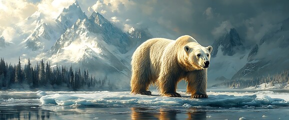 A majestic polar bear stands on a frozen lake with snowy mountains in the background.