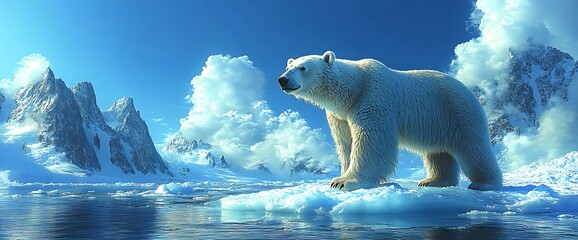 Wall Mural - a majestic polar bear stands on a melting ice floe in the arctic, surrounded by snowy mountains and 
