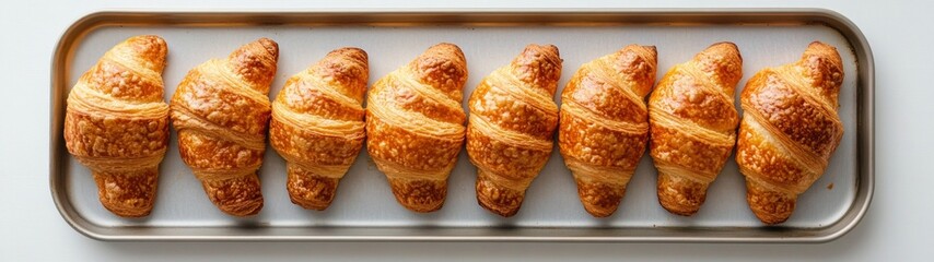 Croissants on Tray, a full-body display of freshly baked croissants artfully arranged on a tray against a clean white backdrop, emphasizing their golden texture and flaky layers.