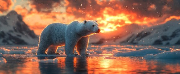 Wall Mural - polar bear standing on a frozen lake at sunset with mountains in the background.