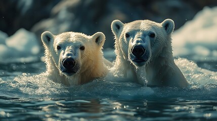 Wall Mural - two polar bears swim in icy water, one looking directly at the camera.