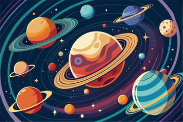 Wall Mural - Colorful illustration of the solar system showcasing planets, rings, and stars against a dark background in a vibrant, artistic style