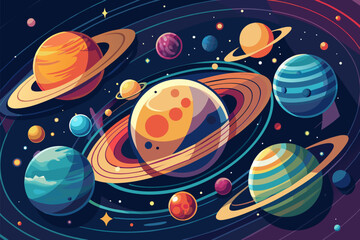 Wall Mural - Colorful illustration of the solar system showcasing planets, rings, and stars against a dark background in a vibrant, artistic style