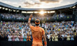 © Gaston - Tennis player gratefully saluting the crowd in a stadium at sunset celebrating victory. Tennis player waving to the audience while retiring from the sport