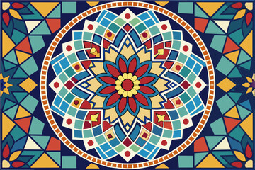 Poster - Colorful geometric pattern featuring intricate floral designs in a vibrant color palette on a blue background