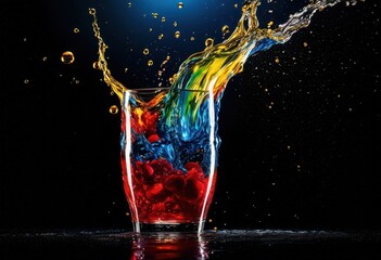 dynamic splash colorful beverage captured mid air dark background creating striking visual contrast, drink, liquid, vibrant, refreshing, ice, fluid, texture