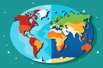 Aufkleber - Colorful world map illustration showcasing continents with distinct colors, ideal for educational purposes and geographic orientation