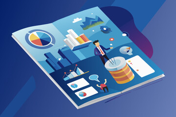 Poster - A vibrant illustration depicting diverse professionals engaged in collaboration at a bustling workspace with modern skyscrapers in the background during daytime hours