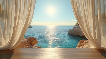 Wall Mural - View of the ocean through sheer curtains.