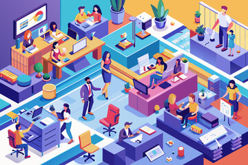 Leinwandbilder - Modern office environment illustrating diverse workers engaged in various tasks throughout a vibrant open workspace during daytime