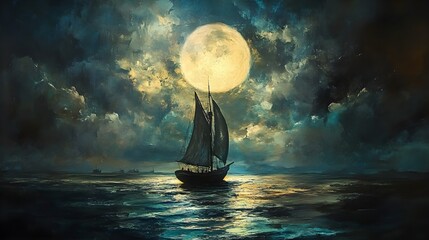 Wall Mural - Boat and radiant full moon in peaceful painting image