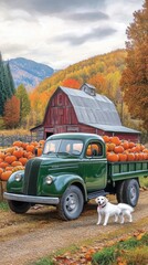 A vintage green truck with pumpkins in its bed sits among colorful autumn leaves, beside an old barn and a playful dog enjoying the seasonal charm