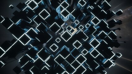 Wall Mural - Glowing black and blue abstract squares background pattern 3D rendering